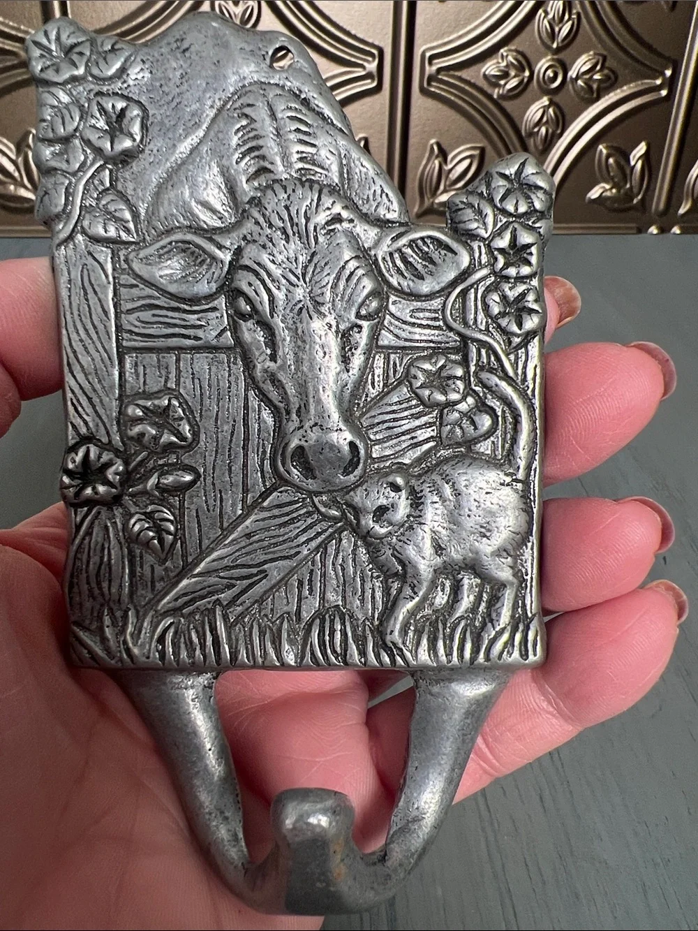 Vintage hook-Cow & kitten Metal Wall Hook in Aluminum. Ready to hang